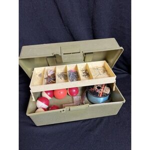 Vintage Sears Tackle Box Lot Mapped Anglia Black Fury Bobbers Sinkers